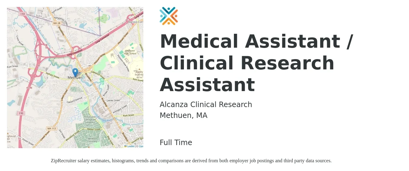 Alcanza Clinical Research job posting for a Medical Assistant / Clinical Research Assistant in Methuen, MA with a salary of $18 to $25 Hourly with a map of Methuen location.