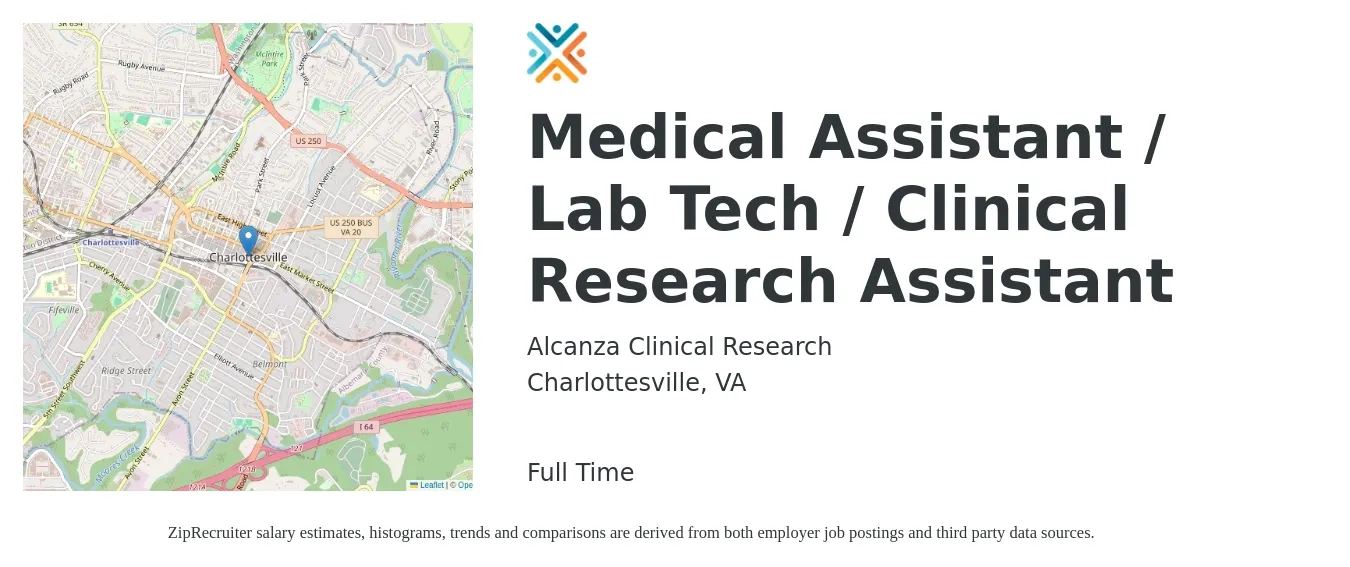 Alcanza Clinical Research job posting for a Medical Assistant / Lab Tech / Clinical Research Assistant in Charlottesville, VA with a salary of $17 to $24 Hourly with a map of Charlottesville location.
