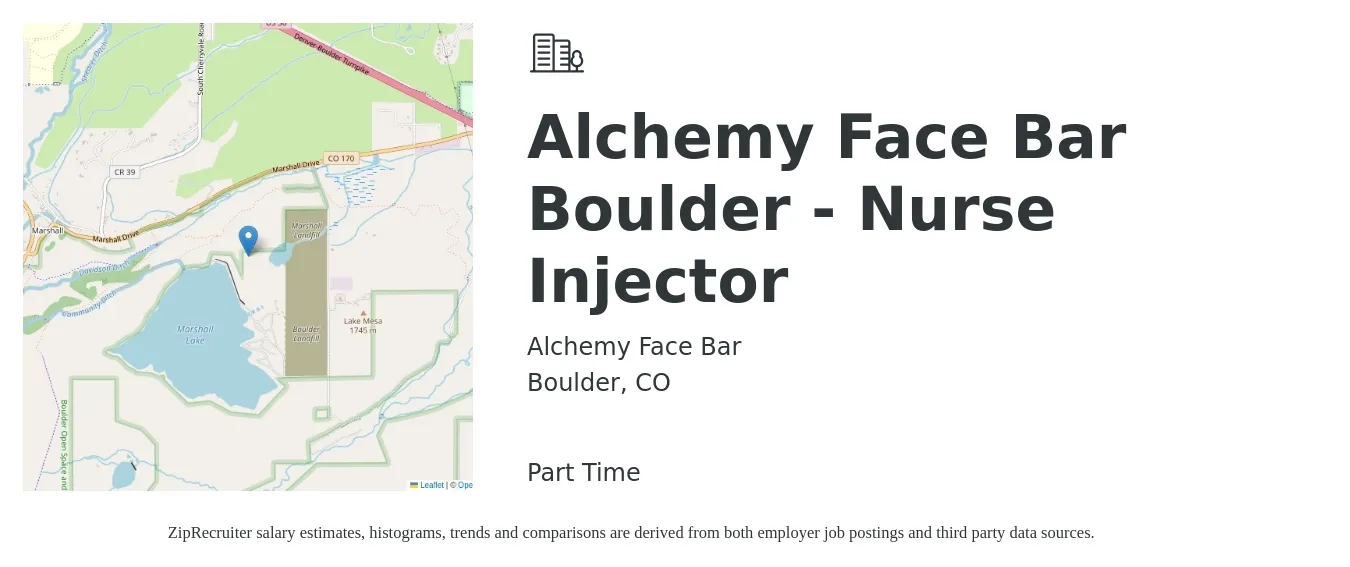 Alchemy Face Bar job posting for a Alchemy Face Bar Boulder - Nurse Injector in Boulder, CO with a salary of $50,000 to $80,000 Yearly with a map of Boulder location.