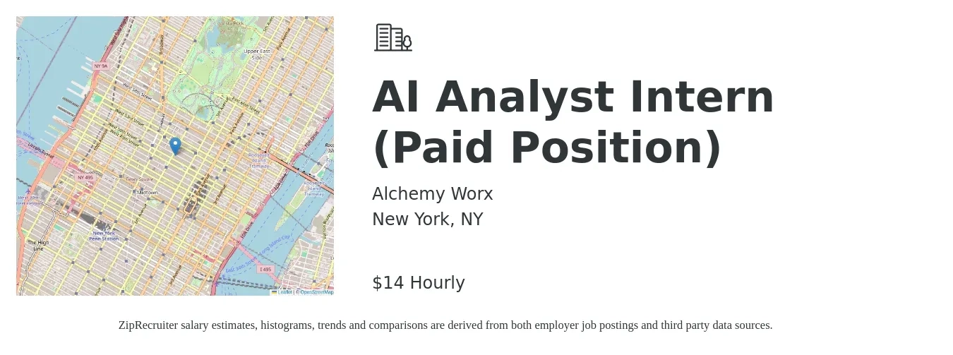 Alchemy Worx job posting for a AI Analyst Intern (Paid Position) in New York, NY with a salary of $15 Hourly with a map of New York location.