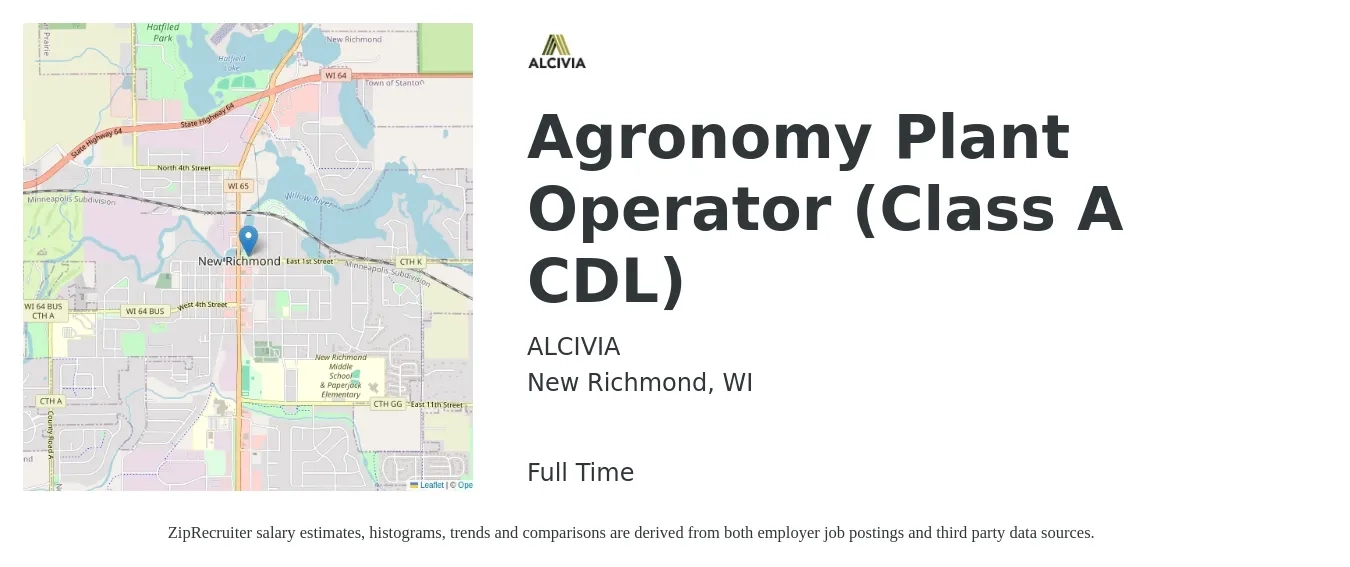 ALCIVIA job posting for a Agronomy Plant Operator - Class A CDL in New Richmond, WI with a salary of $18 to $27 Hourly with a map of New Richmond location.