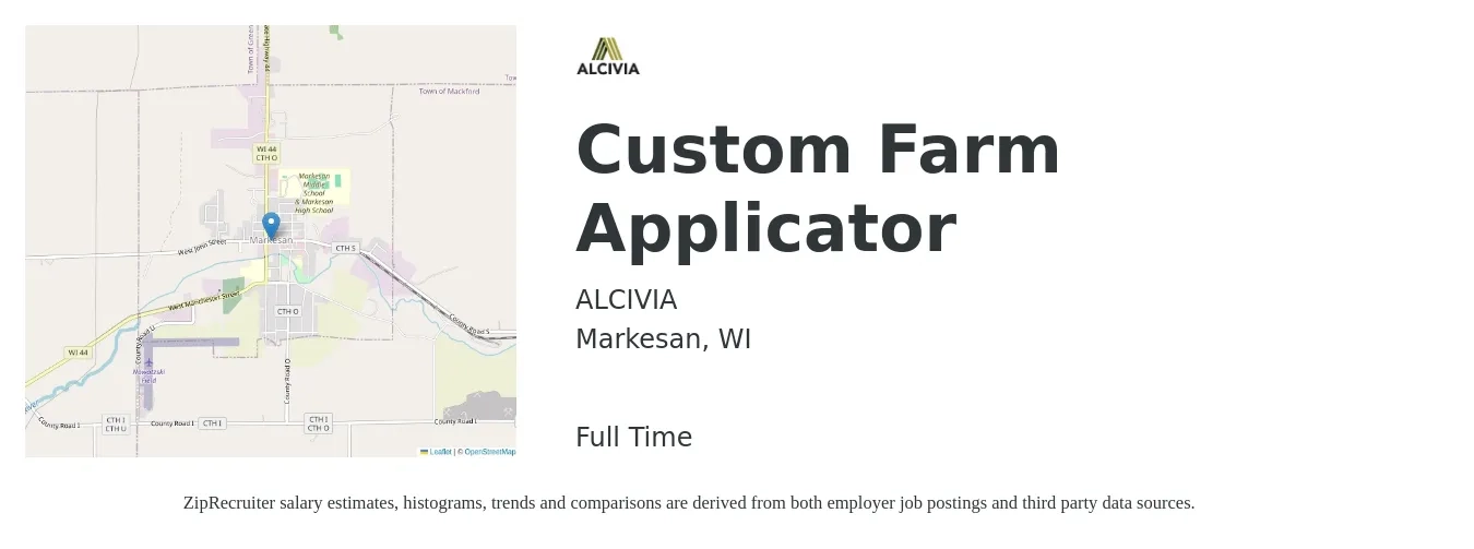 ALCIVIA job posting for a Custom Farm Applicator in Markesan, WI with a salary of $18 to $25 Hourly with a map of Markesan location.