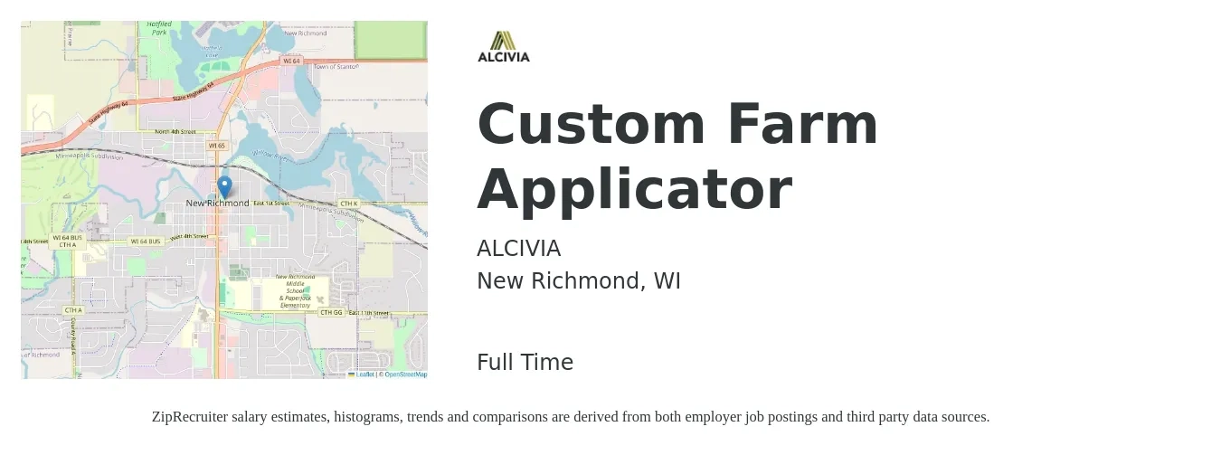 ALCIVIA job posting for a Custom Farm Applicator in New Richmond, WI with a salary of $18 to $25 Hourly with a map of New Richmond location.