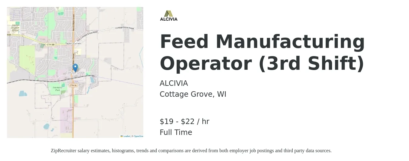 ALCIVIA job posting for a Feed Manufacturing Operator - 3rd Shift in Cottage Grove, WI with a salary of $20 to $23 Hourly with a map of Cottage Grove location.