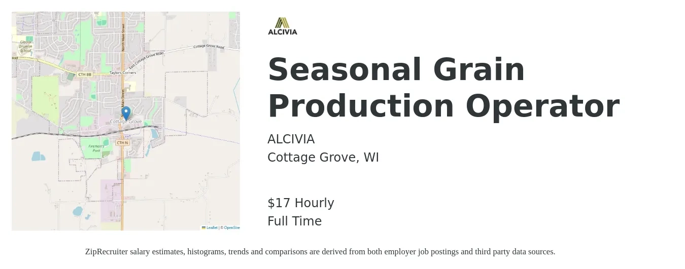 ALCIVIA job posting for a Seasonal Grain Production Operator in Cottage Grove, WI with a salary of $18 Hourly with a map of Cottage Grove location.