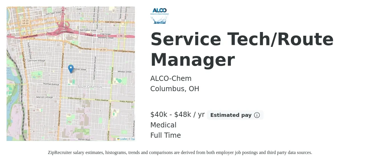 ALCO-Chem job posting for a Service Tech/Route Manager in Columbus, OH with a salary of $40,000 to $48,000 Yearly and benefits including medical, pto, retirement, and life_insurance with a map of Columbus location.
