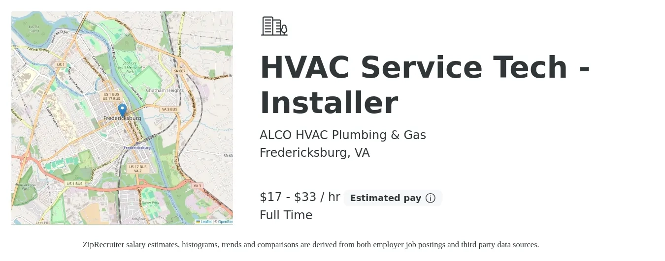 ALCO HVAC Plumbing & Gas job posting for a HVAC Service Tech - Installer in Fredericksburg, VA with a salary of $18 to $35 Hourly with a map of Fredericksburg location.
