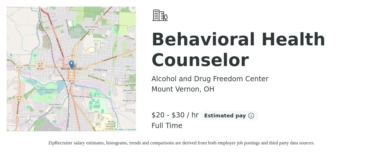 Alcohol and Drug Freedom Center job posting for a Behavioral Health Counselor in Mount Vernon, OH with a salary of $45,000 to $65,000 Yearly with a map of Mount Vernon location.