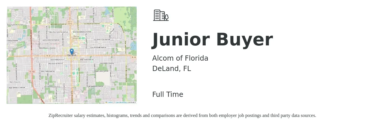 Alcom of Florida job posting for a Junior Buyer in DeLand, FL with a salary of $20 to $26 Hourly with a map of DeLand location.