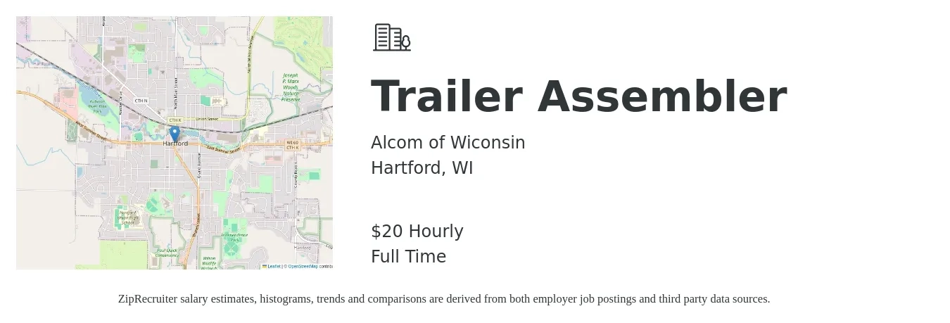 Alcom of Wiconsin job posting for a Trailer Assembler in Hartford, WI with a salary of $21 Hourly with a map of Hartford location.