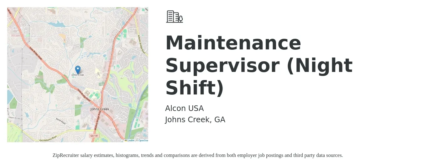 Alcon USA job posting for a Maintenance Supervisor (Night Shift) in Johns Creek, GA with a salary of $22 to $37 Hourly with a map of Johns Creek location.