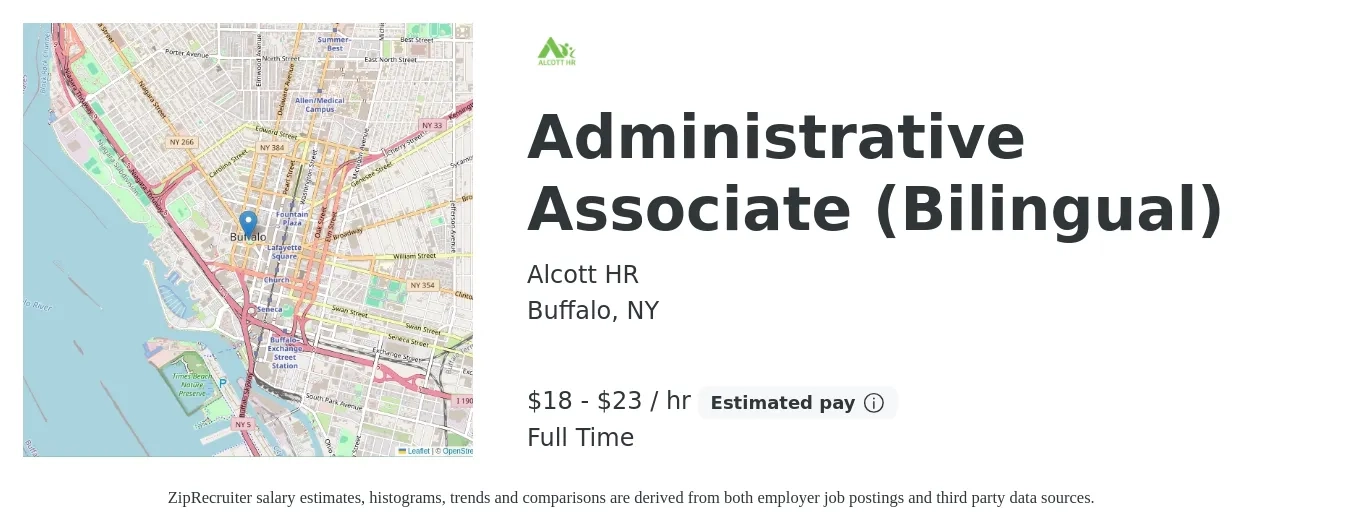 Alcott HR job posting for a Administrative Associate (Bilingual) in Buffalo, NY with a salary of $19 to $24 Hourly with a map of Buffalo location.