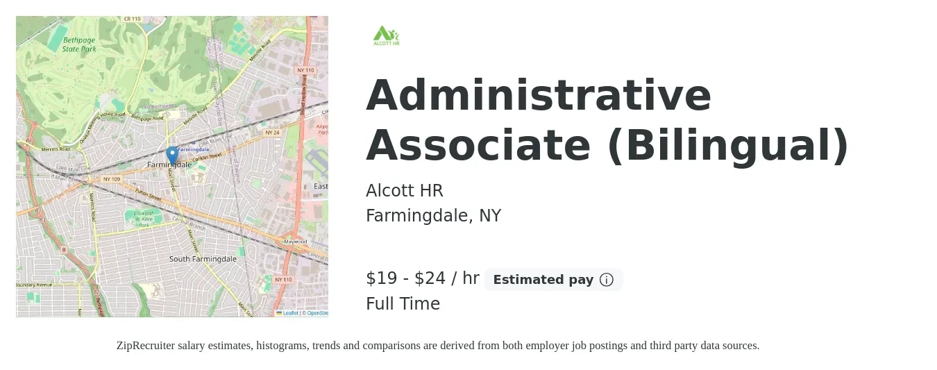 Alcott HR job posting for a Administrative Associate (Bilingual) in Farmingdale, NY with a salary of $20 to $25 Hourly with a map of Farmingdale location.