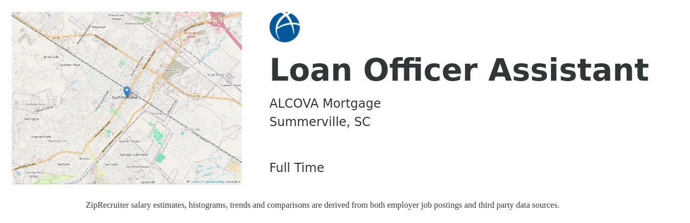 ALCOVA Mortgage job posting for a Loan Officer Assistant in Summerville, SC with a salary of $33,600 to $45,800 Yearly with a map of Summerville location.