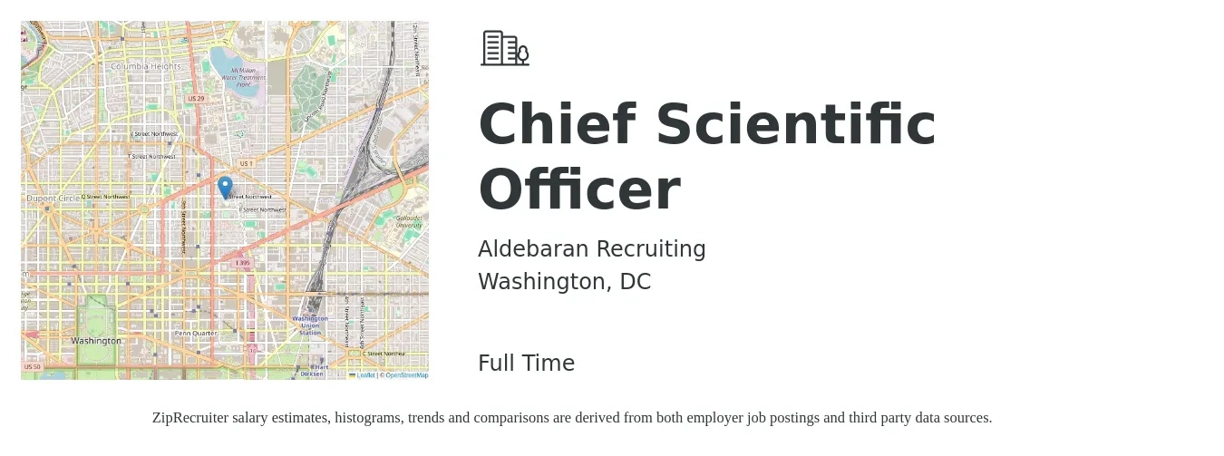 Aldebaran Recruiting job posting for a Chief Scientific Officer in Washington, DC with a salary of $60,900 to $161,400 Yearly with a map of Washington location.