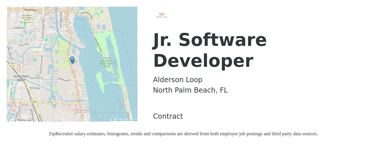 Alderson Loop job posting for a Jr. Software Developer in North Palm Beach, FL with a salary of $67,100 to $87,100 Yearly with a map of North Palm Beach location.