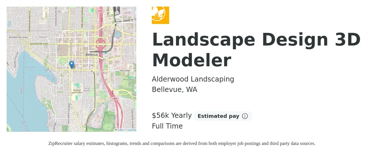 Alderwood Landscaping job posting for a Landscape Design 3D Modeler in Bellevue, WA with a salary of $56,000 Yearly with a map of Bellevue location.