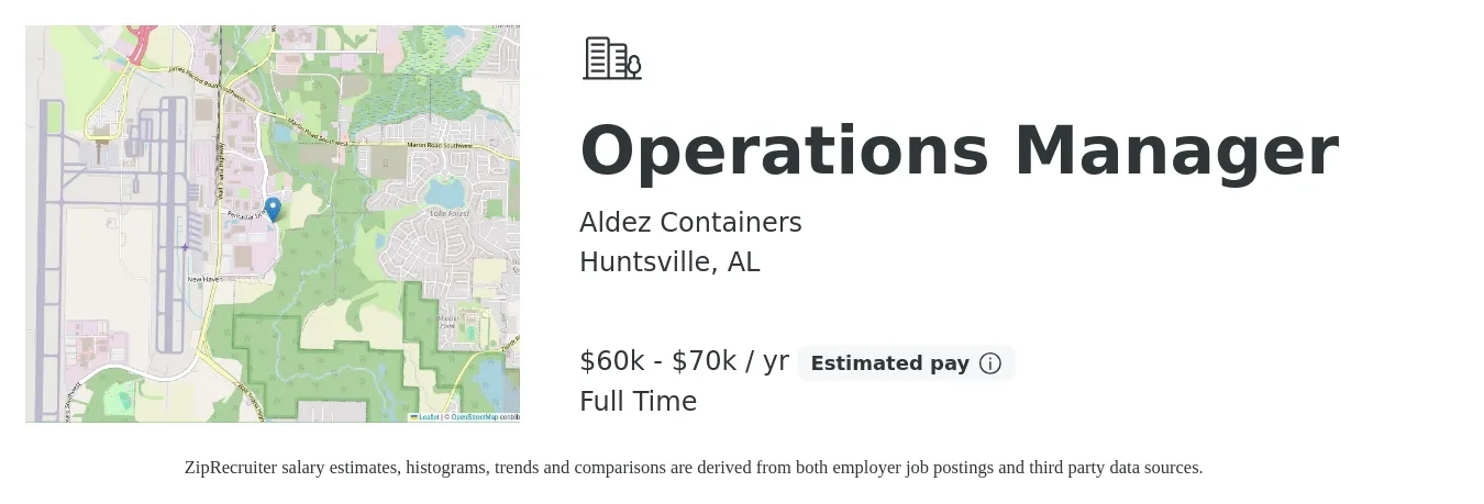 Aldez Containers job posting for a Operations Manager in Huntsville, AL with a salary of $60,000 to $70,000 Yearly with a map of Huntsville location.