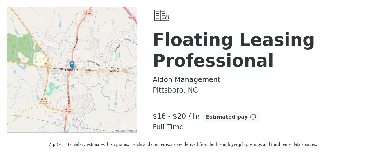 Aldon Management job posting for a Floating Leasing Professional in Pittsboro, NC with a salary of $19 to $21 Hourly with a map of Pittsboro location.