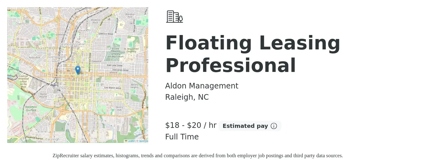 Aldon Management job posting for a Floating Leasing Professional in Raleigh, NC with a salary of $19 to $21 Hourly with a map of Raleigh location.