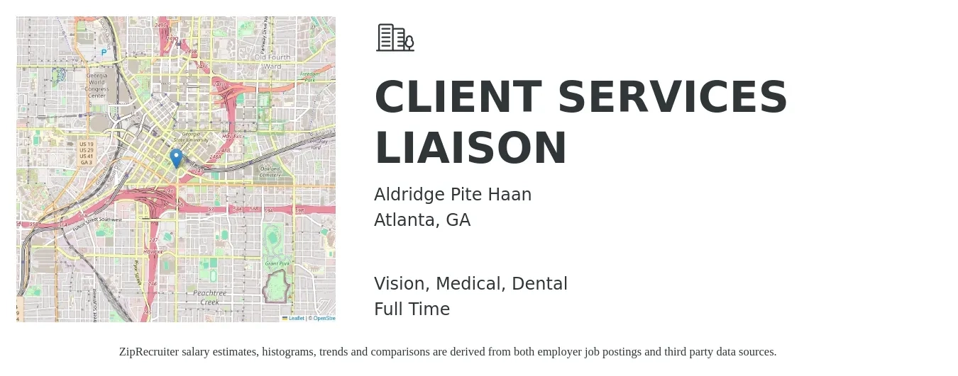 Aldridge Pite Haan job posting for a CLIENT SERVICES LIAISON in Atlanta, GA with a salary of $18 to $28 Hourly and benefits including retirement, vision, dental, life_insurance, and medical with a map of Atlanta location.
