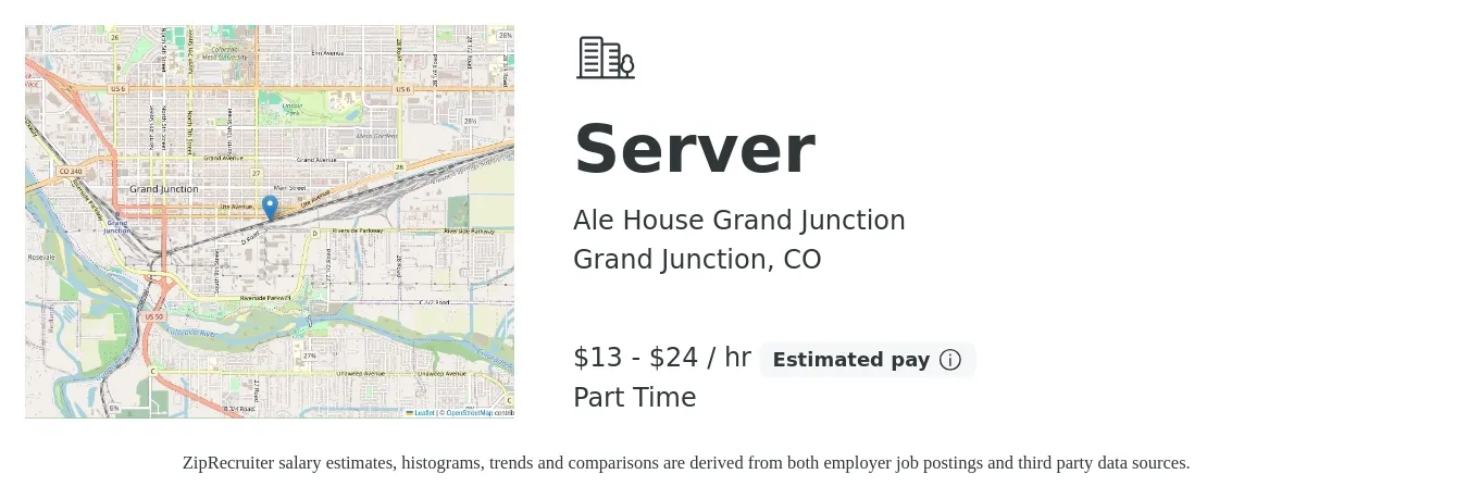 Ale House Grand Junction job posting for a Server in Grand Junction, CO with a salary of $14 to $25 Hourly with a map of Grand Junction location.
