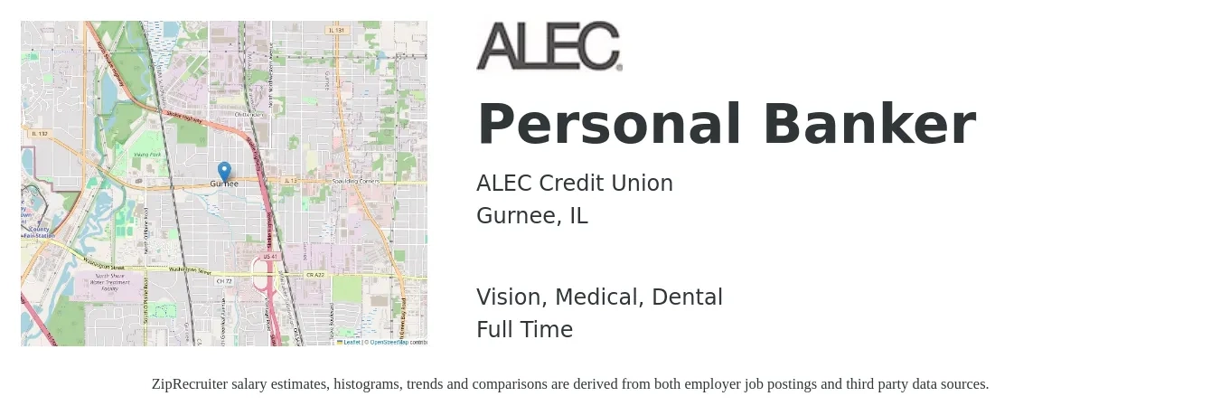 ALEC Credit Union job posting for a Personal Banker in Gurnee, IL with a salary of $18 to $22 Hourly and benefits including vision, dental, life_insurance, medical, and pto with a map of Gurnee location.