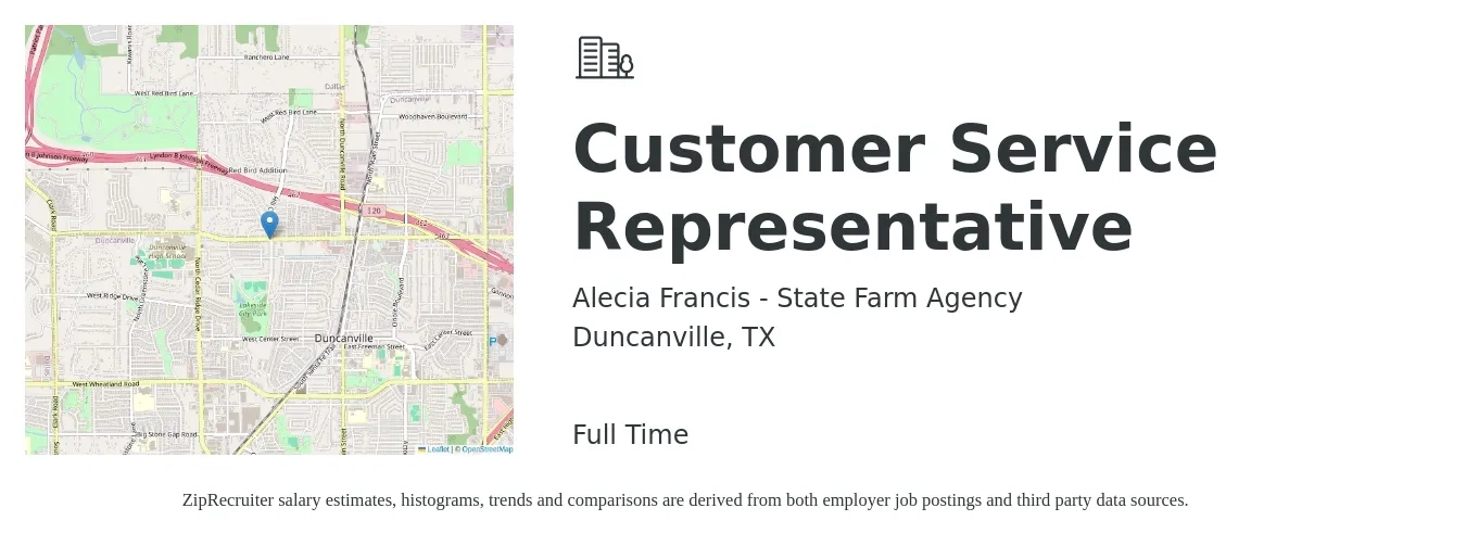 Alecia Francis - State Farm Agency job posting for a Customer Service Representative in Duncanville, TX with a salary of $14 to $20 Hourly with a map of Duncanville location.