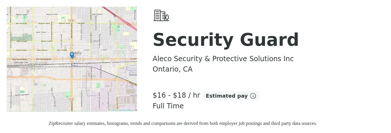Aleco Security & Protective Solutions Inc job posting for a Security Guard in Ontario, CA with a salary of $17 to $19 Hourly with a map of Ontario location.