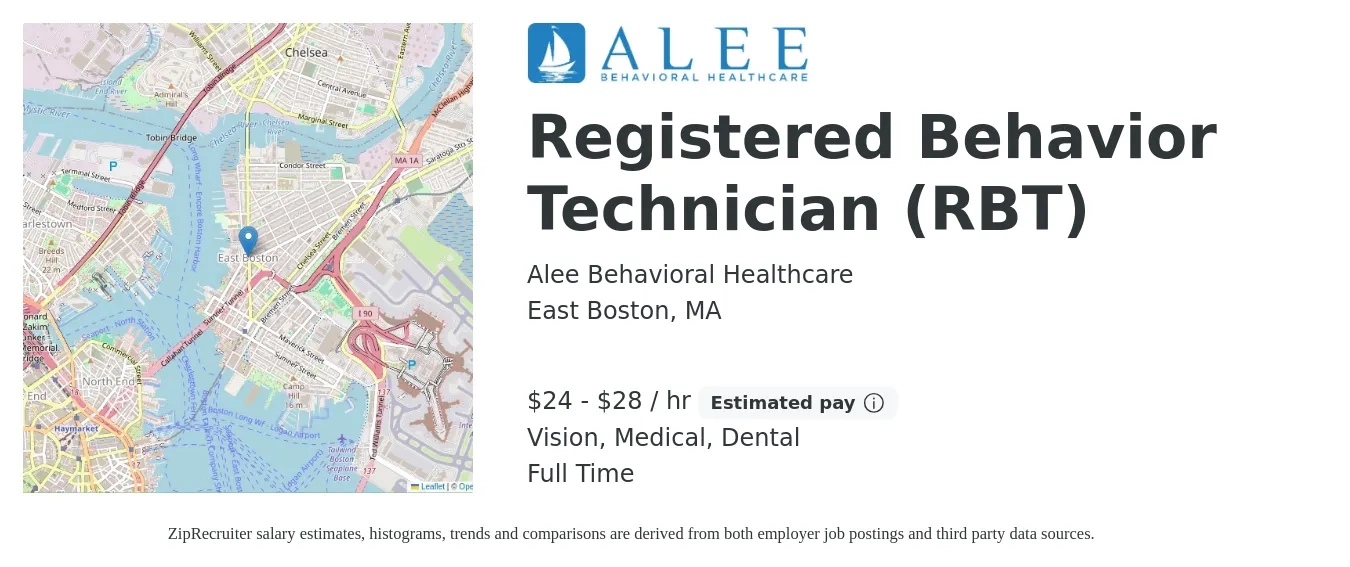 Alee Behavioral Healthcare job posting for a Registered Behavior Technician (RBT) in East Boston, MA with a salary of $25 to $30 Hourly and benefits including vision, dental, life_insurance, medical, pto, and retirement with a map of East Boston location.