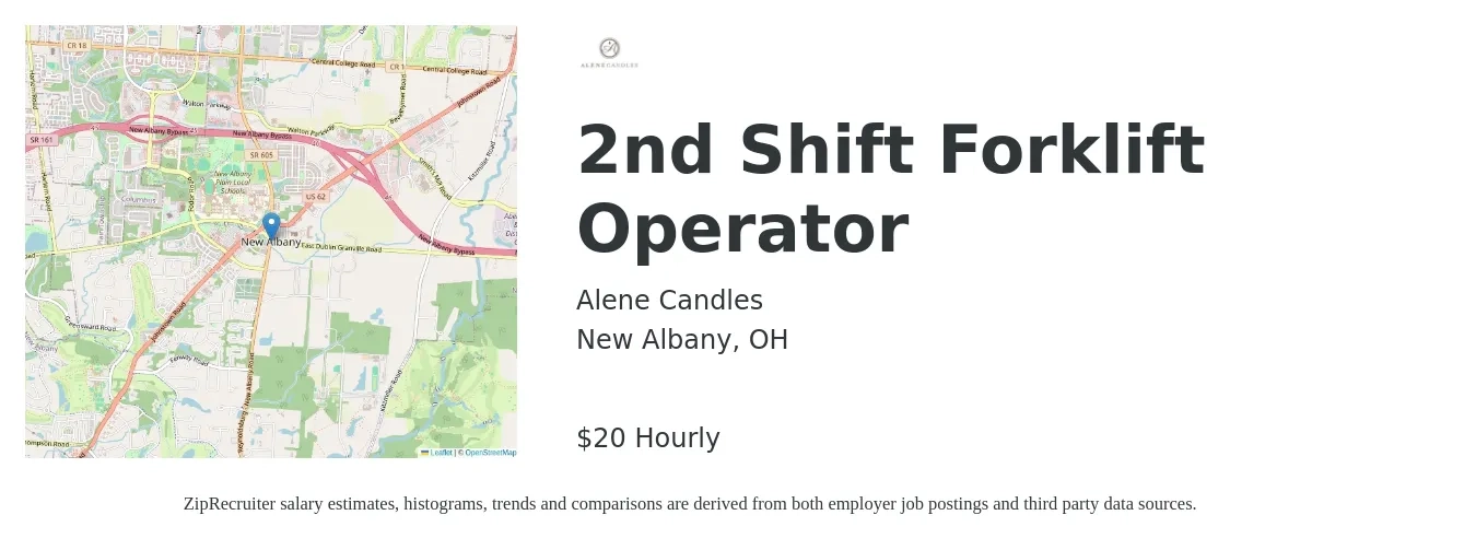 Alene Candles job posting for a 2nd Shift Forklift Operator in New Albany, OH with a salary of $21 Hourly with a map of New Albany location.