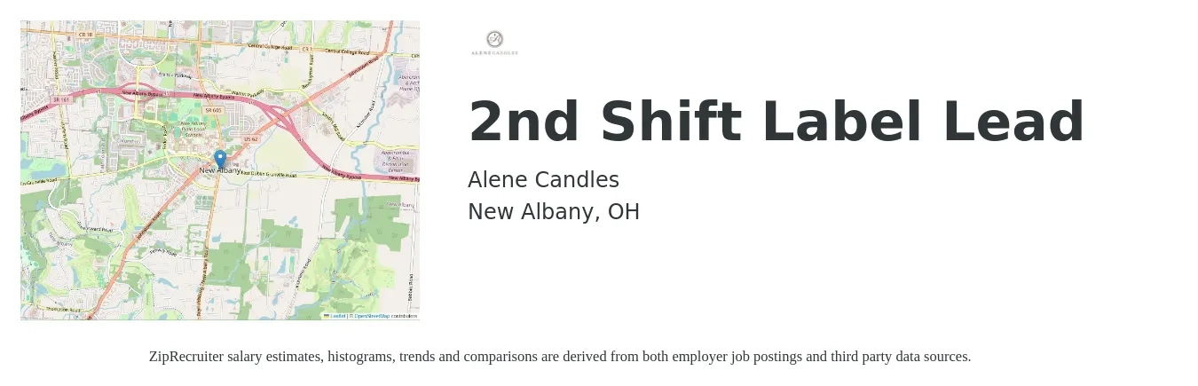 Alene Candles job posting for a 2nd Shift Label Lead in New Albany, OH with a salary of $18 to $34 Hourly with a map of New Albany location.