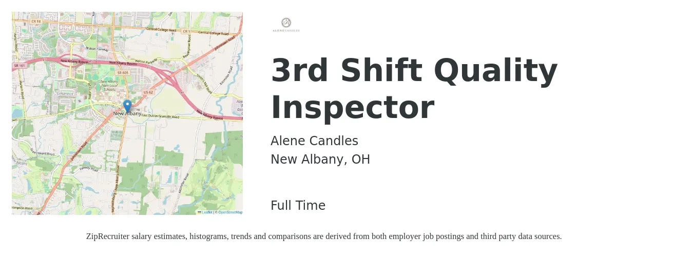 Alene Candles job posting for a 3rd Shift Quality Inspector in New Albany, OH with a salary of $16 to $23 Hourly with a map of New Albany location.