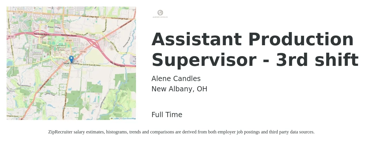 Alene Candles job posting for a Assistant Production Supervisor - 3rd shift in New Albany, OH with a salary of $43,200 to $75,400 Yearly with a map of New Albany location.