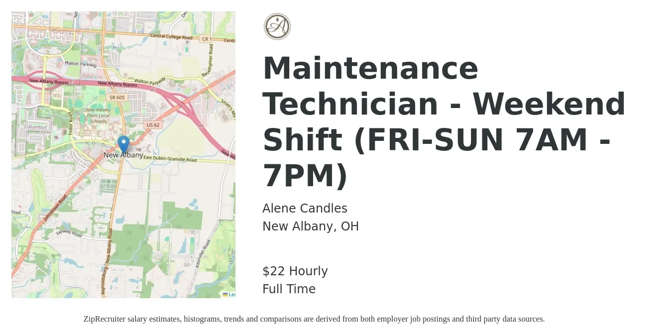 Alene Candles job posting for a Maintenance Technician - Weekend Shift (FRI-SUN 7AM - 7PM) in New Albany, OH with a salary of $23 Hourly with a map of New Albany location.