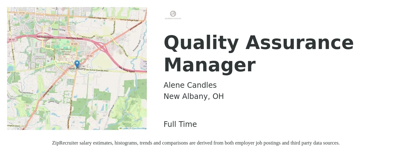 Alene Candles job posting for a Quality Assurance Manager in New Albany, OH with a salary of $79,700 to $138,800 Yearly with a map of New Albany location.