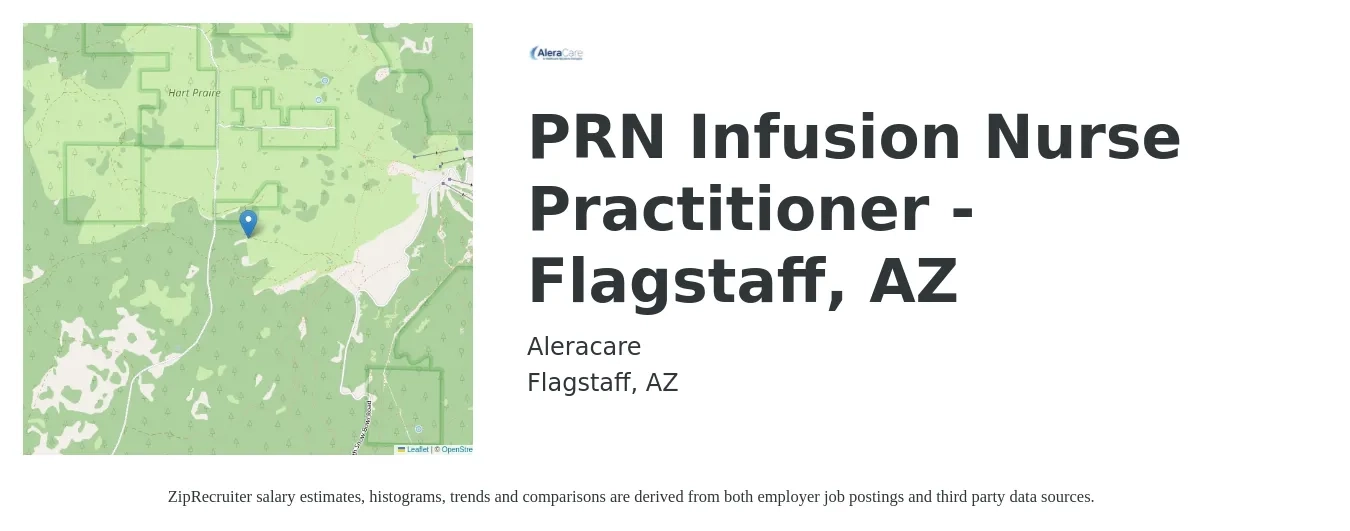 Aleracare job posting for a PRN Infusion Nurse Practitioner - Flagstaff, AZ in Flagstaff, AZ with a salary of $108,000 to $150,100 Yearly with a map of Flagstaff location.