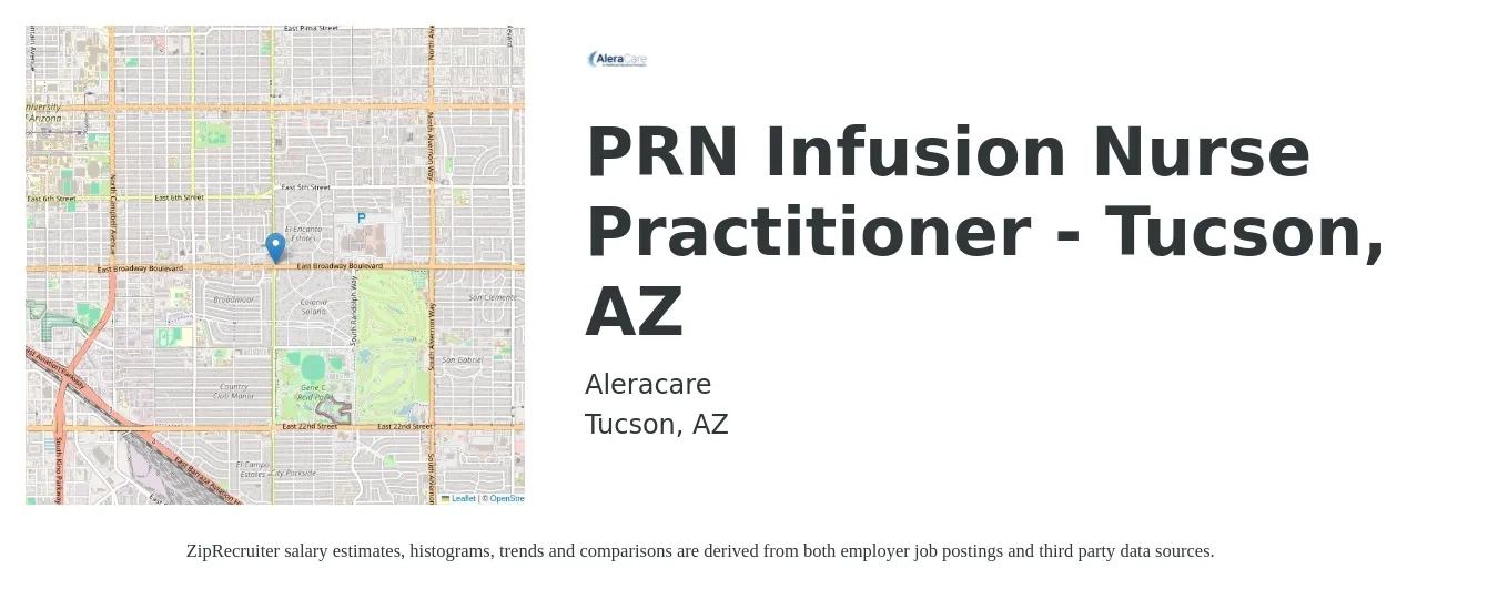 Aleracare job posting for a PRN Infusion Nurse Practitioner - Tucson, AZ in Tucson, AZ with a salary of $102,100 to $141,800 Yearly with a map of Tucson location.