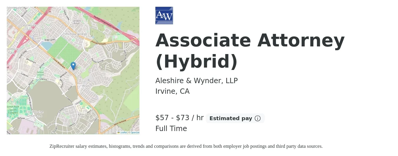 Aleshire & Wynder, LLP job posting for a Associate Attorney (Hybrid) in Irvine, CA with a salary of $120,000 to $200,000 Yearly with a map of Irvine location.