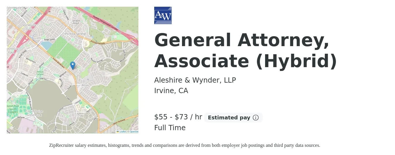 Aleshire & Wynder, LLP job posting for a General Attorney, Associate (Hybrid) in Irvine, CA with a salary of $120,000 to $160,000 Yearly with a map of Irvine location.