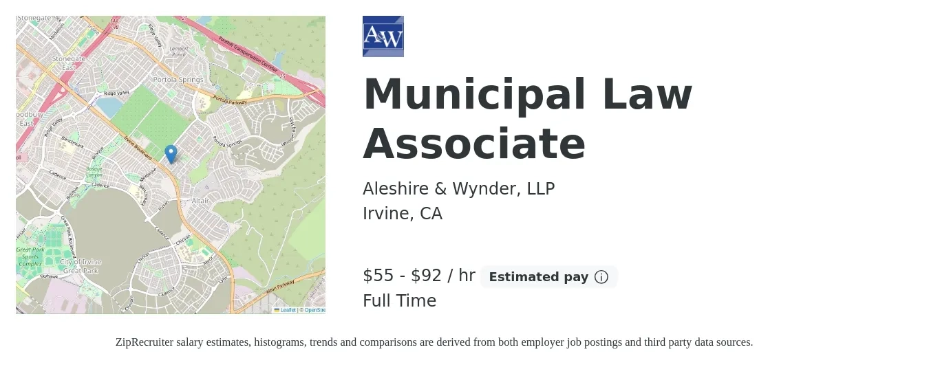 Aleshire & Wynder, LLP job posting for a Municipal Law Associate in Irvine, CA with a salary of $120,000 to $200,000 Yearly with a map of Irvine location.