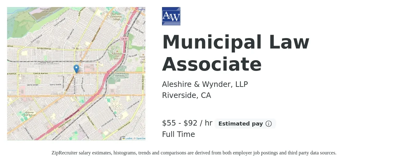 Aleshire & Wynder, LLP job posting for a Municipal Law Associate in Riverside, CA with a salary of $120,000 to $200,000 Yearly with a map of Riverside location.