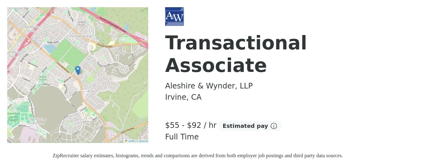 Aleshire & Wynder, LLP job posting for a Transactional Associate in Irvine, CA with a salary of $120,000 to $200,000 Yearly with a map of Irvine location.