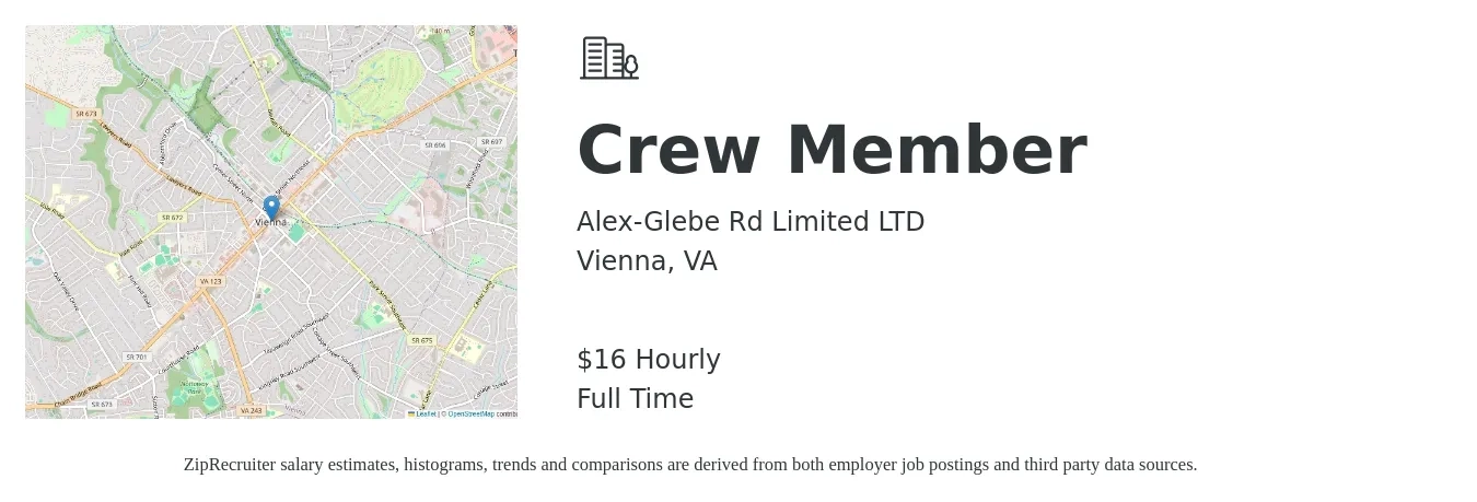 Alex-Glebe Rd Limited LTD job posting for a Crew Member in Vienna, VA with a salary of $17 Hourly with a map of Vienna location.