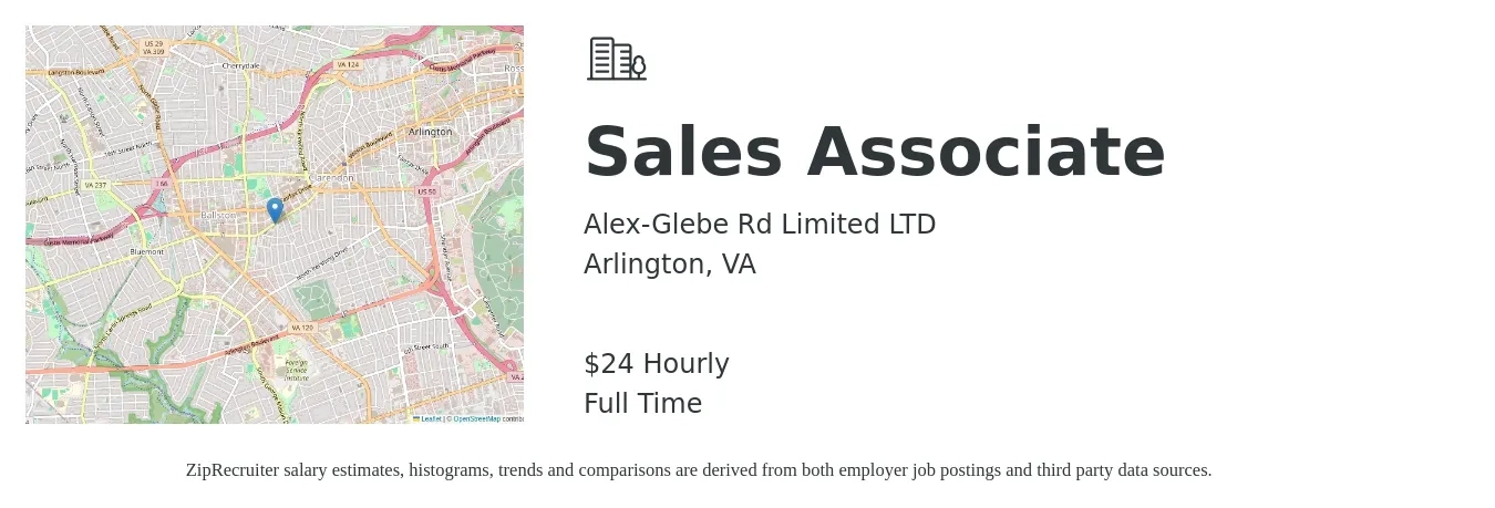 Alex-Glebe Rd Limited LTD job posting for a Sales Associate in Arlington, VA with a salary of $25 Hourly with a map of Arlington location.