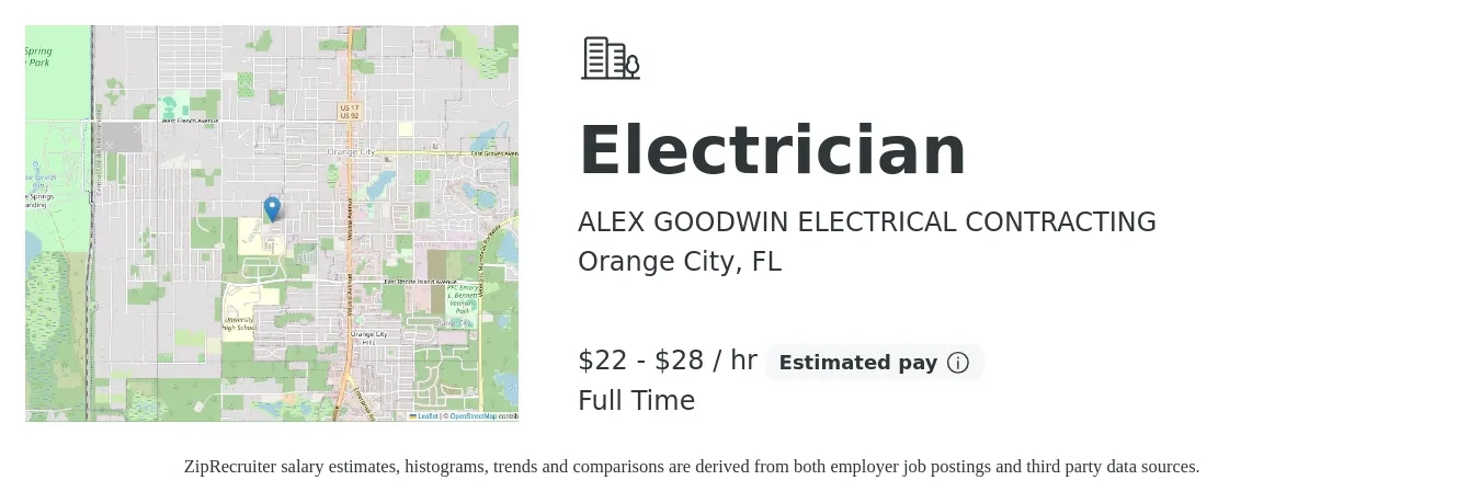 ALEX GOODWIN ELECTRICAL CONTRACTING job posting for a Electrician in Orange City, FL with a salary of $23 to $30 Hourly with a map of Orange City location.