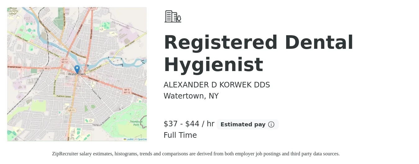 ALEXANDER D KORWEK DDS job posting for a Registered Dental Hygienist in Watertown, NY with a salary of $39 to $46 Hourly with a map of Watertown location.