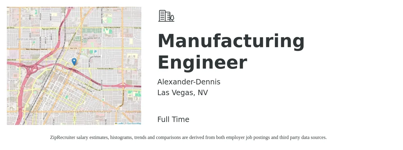 Alexander-Dennis job posting for a Manufacturing Engineer in Las Vegas, NV with a salary of $69,700 to $89,800 Yearly with a map of Las Vegas location.