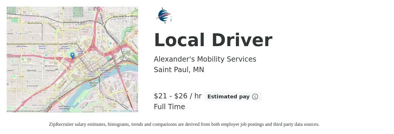 Alexander's Mobility Services job posting for a Local Driver in Saint Paul, MN with a salary of $22 to $28 Hourly with a map of Saint Paul location.