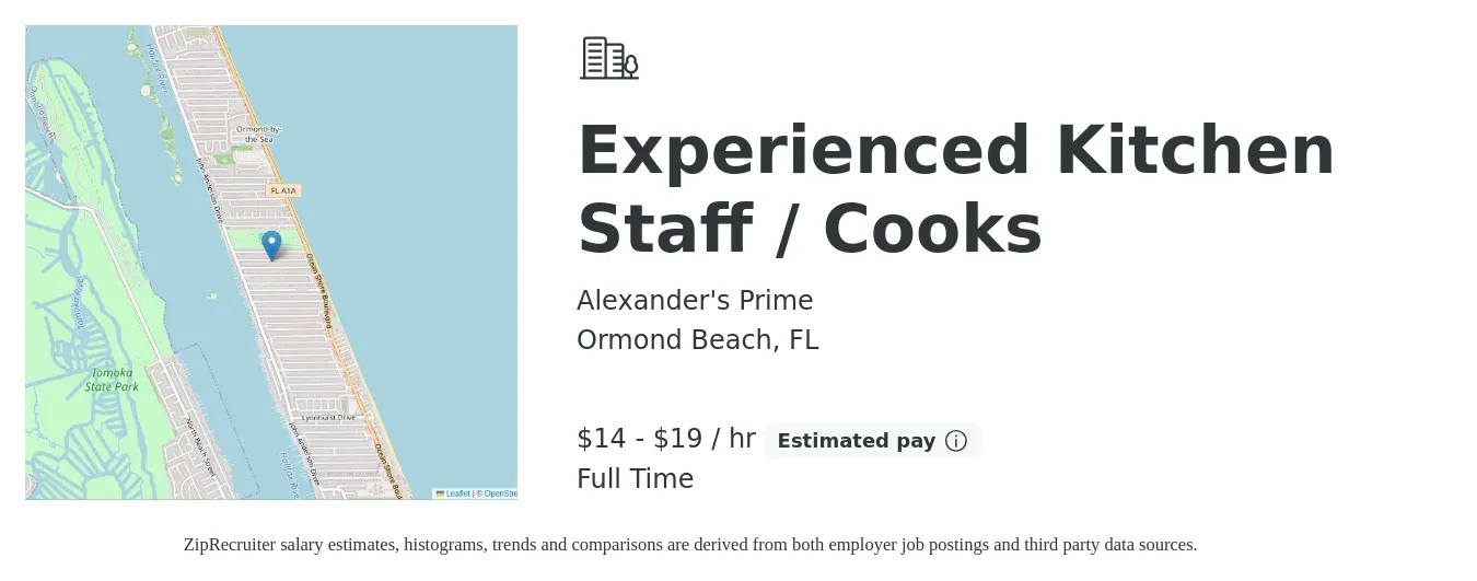 Alexander's Prime job posting for a Experienced Kitchen Staff / Cooks in Ormond Beach, FL with a salary of $15 to $20 Hourly with a map of Ormond Beach location.